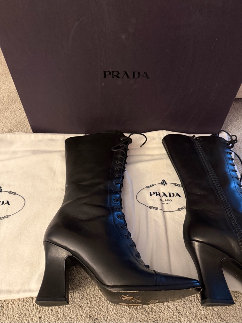 RARE Vintage Y2K Prada Black Leather Lace-Up Mid-Calf Boots Runway ‘01 AWO1 36.5 - Picture 6 of 10